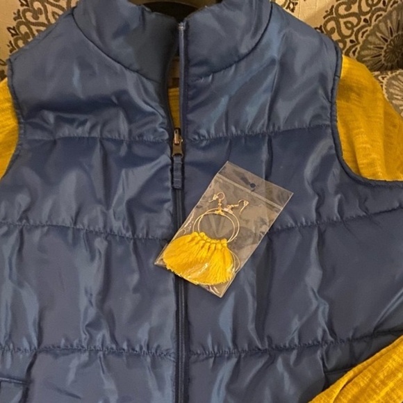 Ann Taylor Mustard Sweater with a Blue Reversible Vest set… and Earrings ….. - Picture 2 of 9